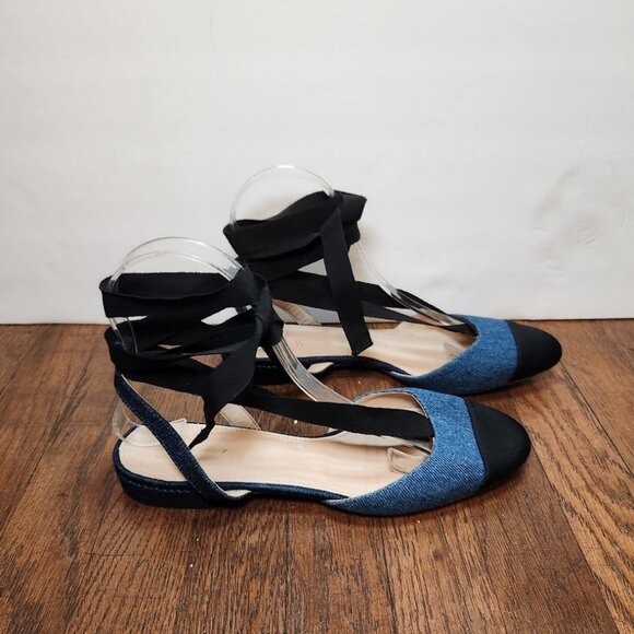 J. Crew Denim and Black Lace Up Ballet Flats - Picture 2 of 9